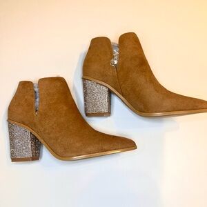 Nude Rhinestone Ankle Booties. Suede-like w/ Chunky Sparkly Studded Block Heel